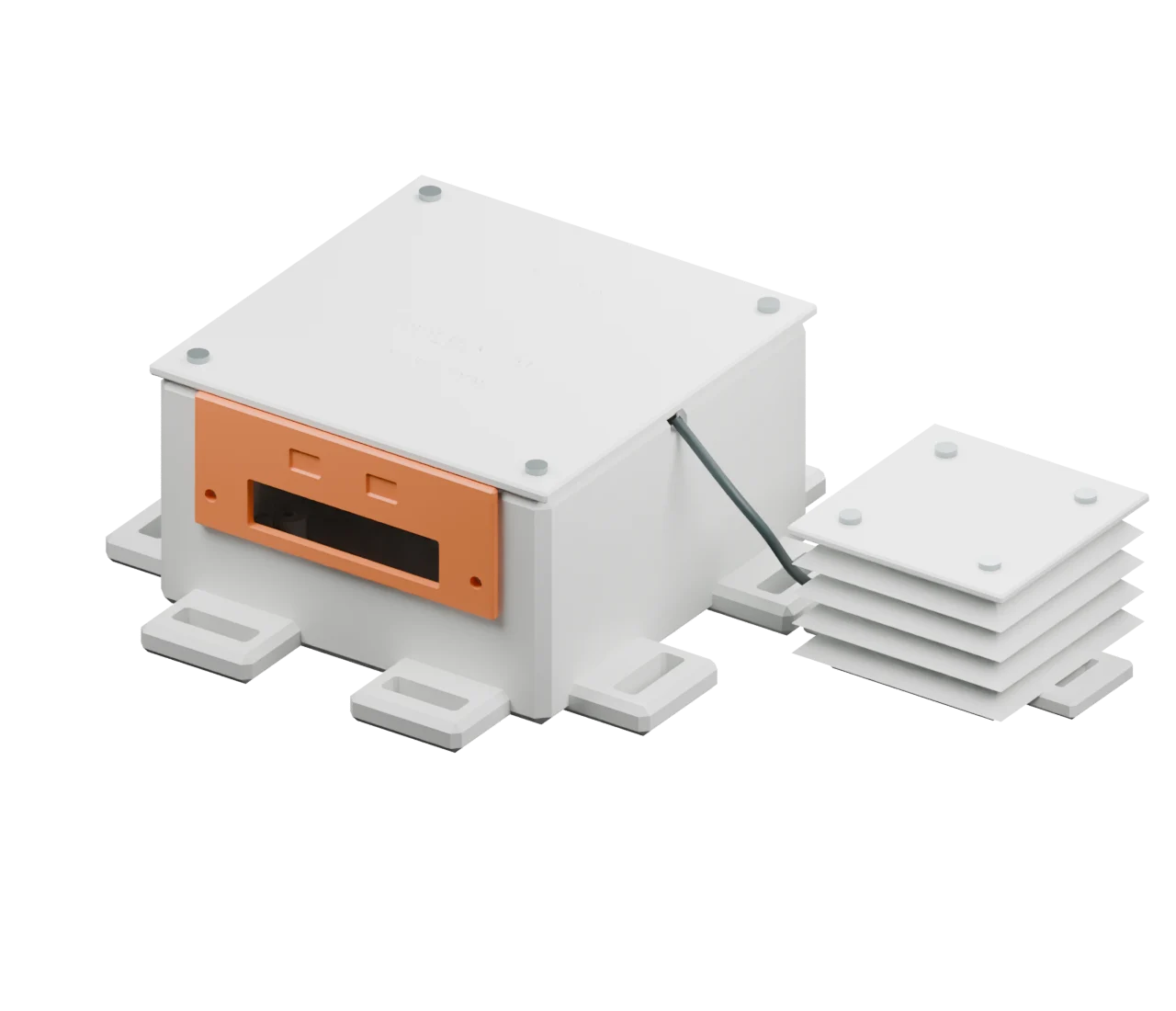 Render de Pulpo: caja blanca cúbica con ocho brazos, panel naranja y abrigo ambiental separado